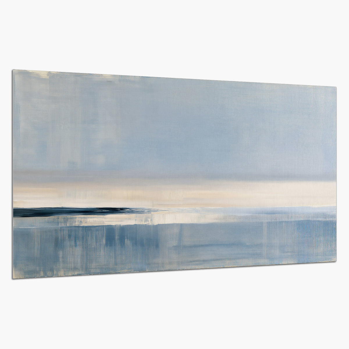 A minimal blue seascape with a pale horizon and soft vertical reflections single poster print on a white background