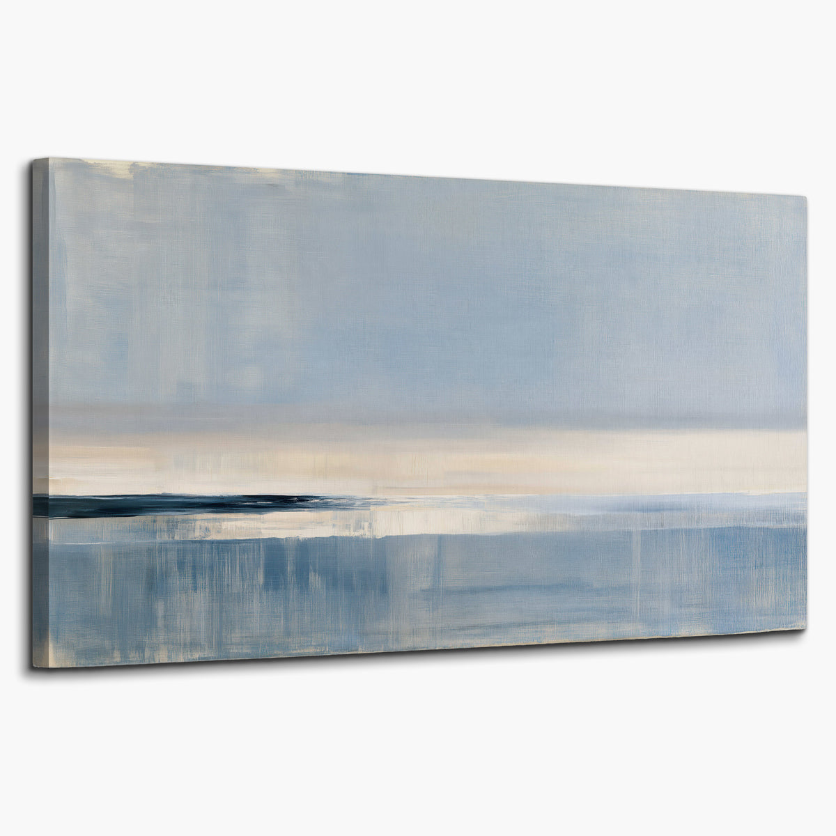 A minimal blue seascape with a pale horizon and soft vertical reflections single canvas wall art on a white background