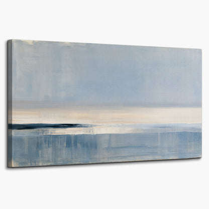 A minimal blue seascape with a pale horizon and soft vertical reflections single canvas wall art on a white background