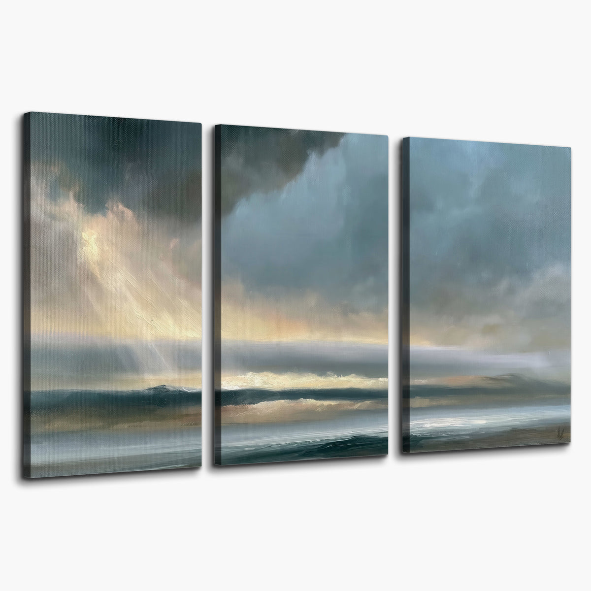 Dramatic blue-gray storm clouds breaking over a pale strip of ocean light 3 piece canvas wall art on a white background