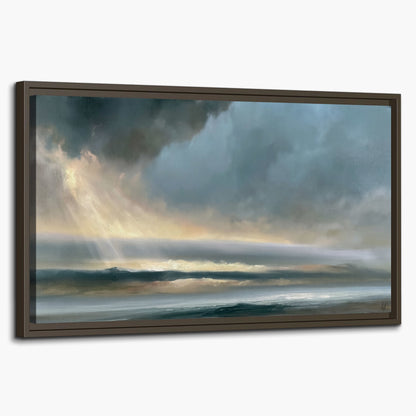Dramatic blue-gray storm clouds breaking over a pale strip of ocean light single framed canvas wall art on a white background