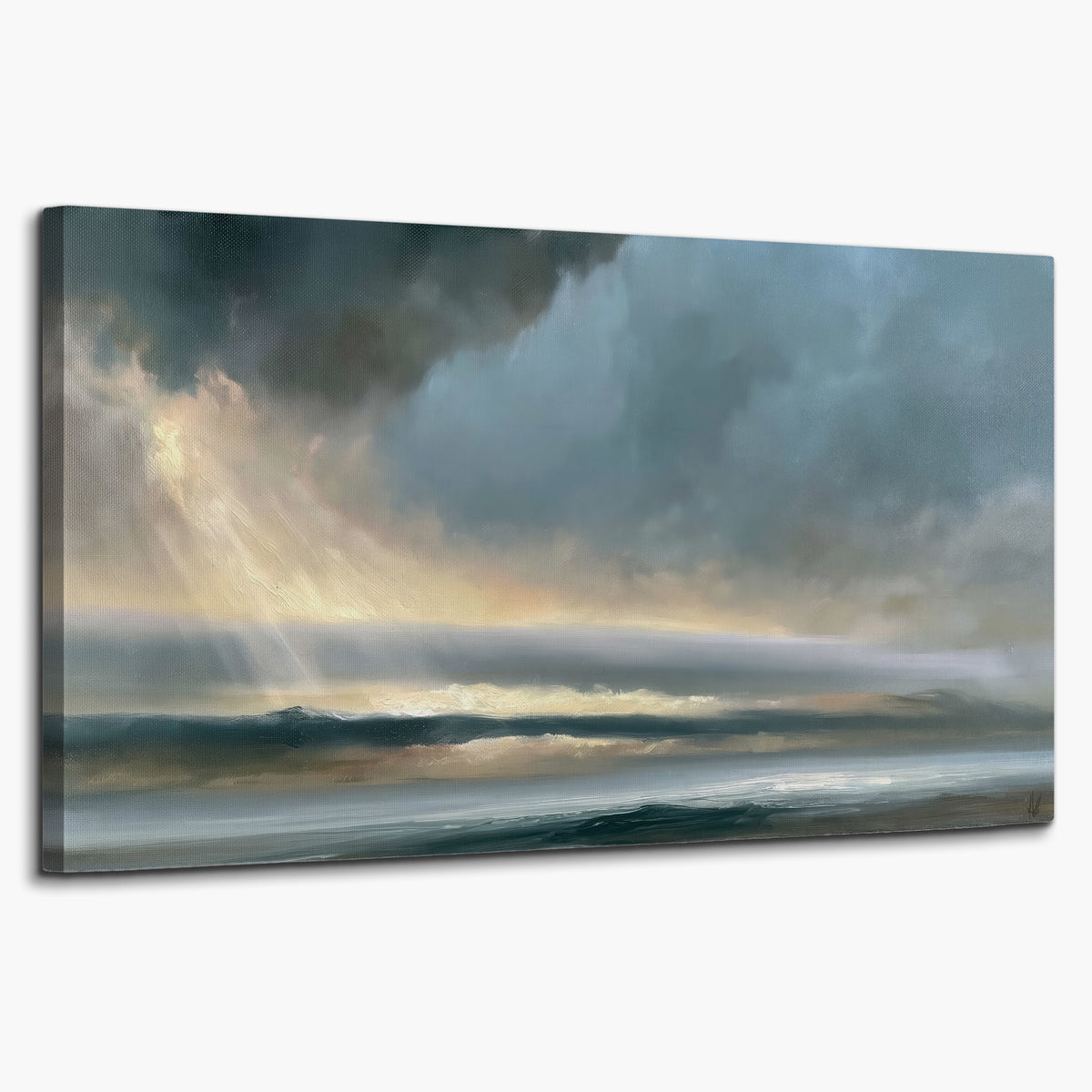 Dramatic blue-gray storm clouds breaking over a pale strip of ocean light single canvas wall art on a white background