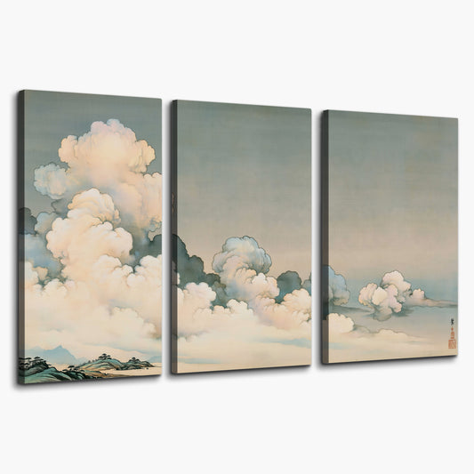 Soft cream clouds gathered low in a muted blue-green sky 3 piece canvas wall art on a white background