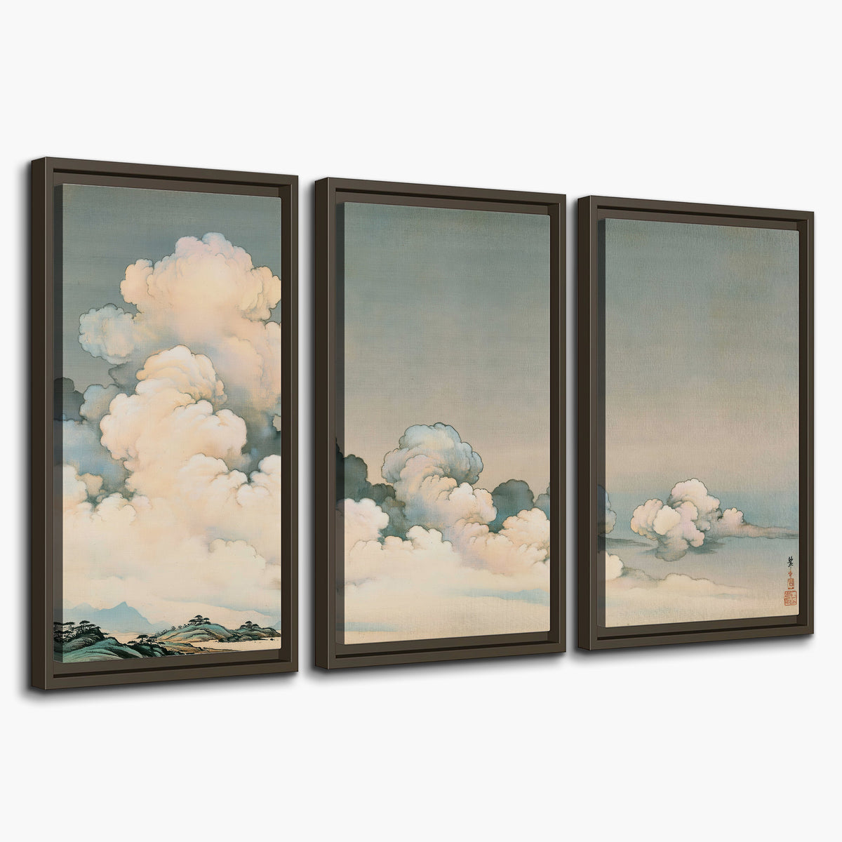 Soft cream clouds gathered low in a muted blue-green sky 3 piece framed canvas wall art on a white background