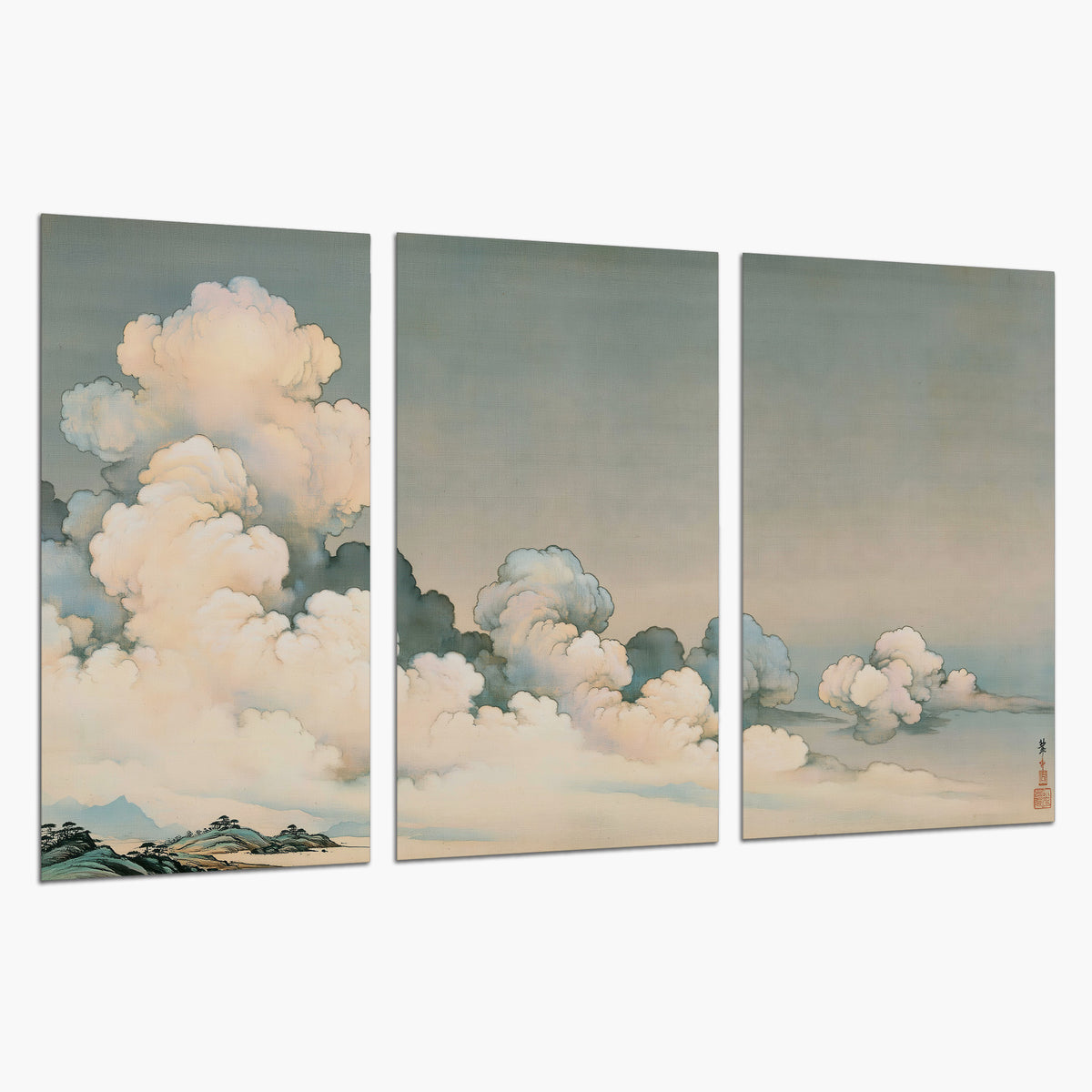 Soft cream clouds gathered low in a muted blue-green sky set of 3 poster prints on a white background