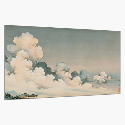Soft cream clouds gathered low in a muted blue-green sky single poster print on a white background