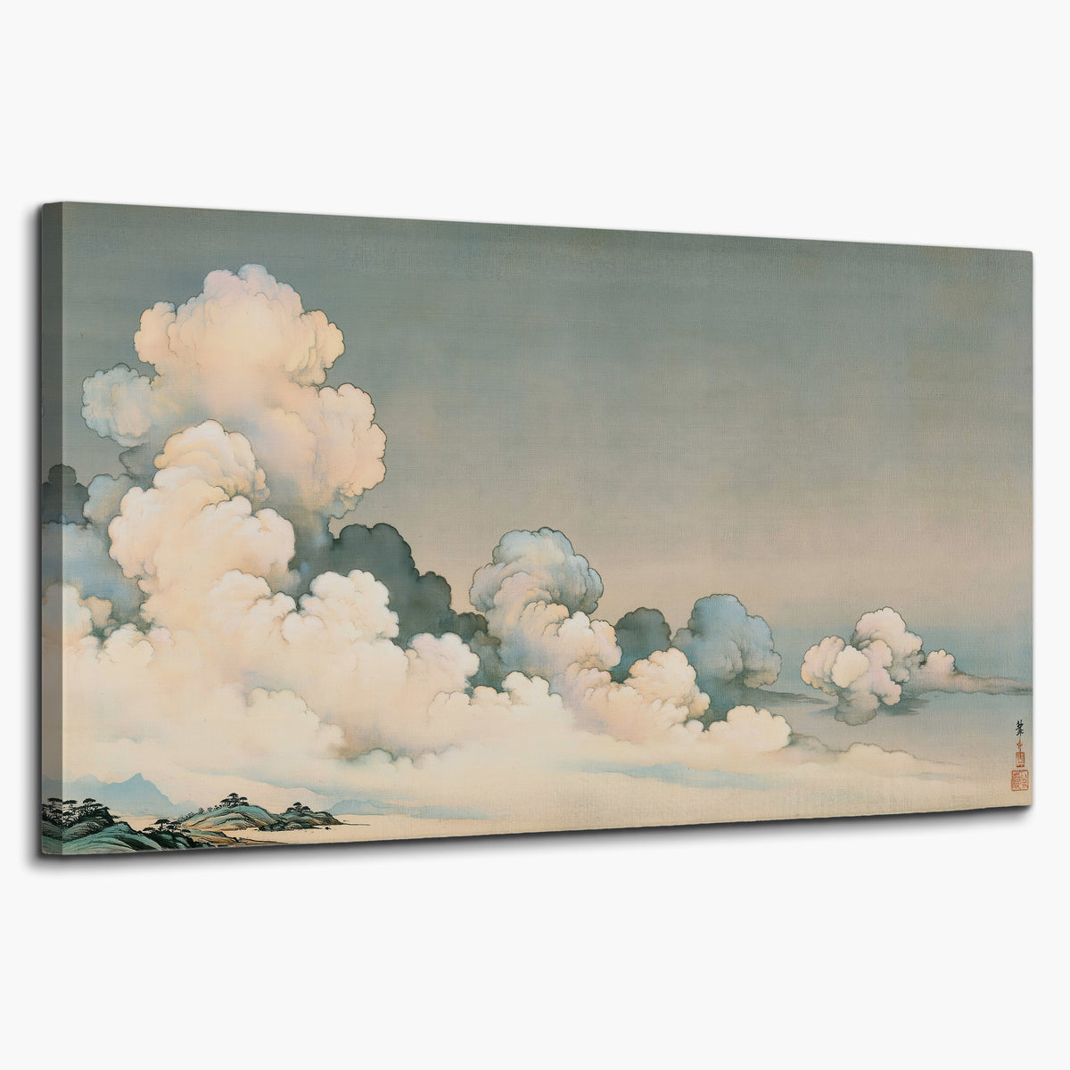 Soft cream clouds gathered low in a muted blue-green sky single canvas wall art on a white background