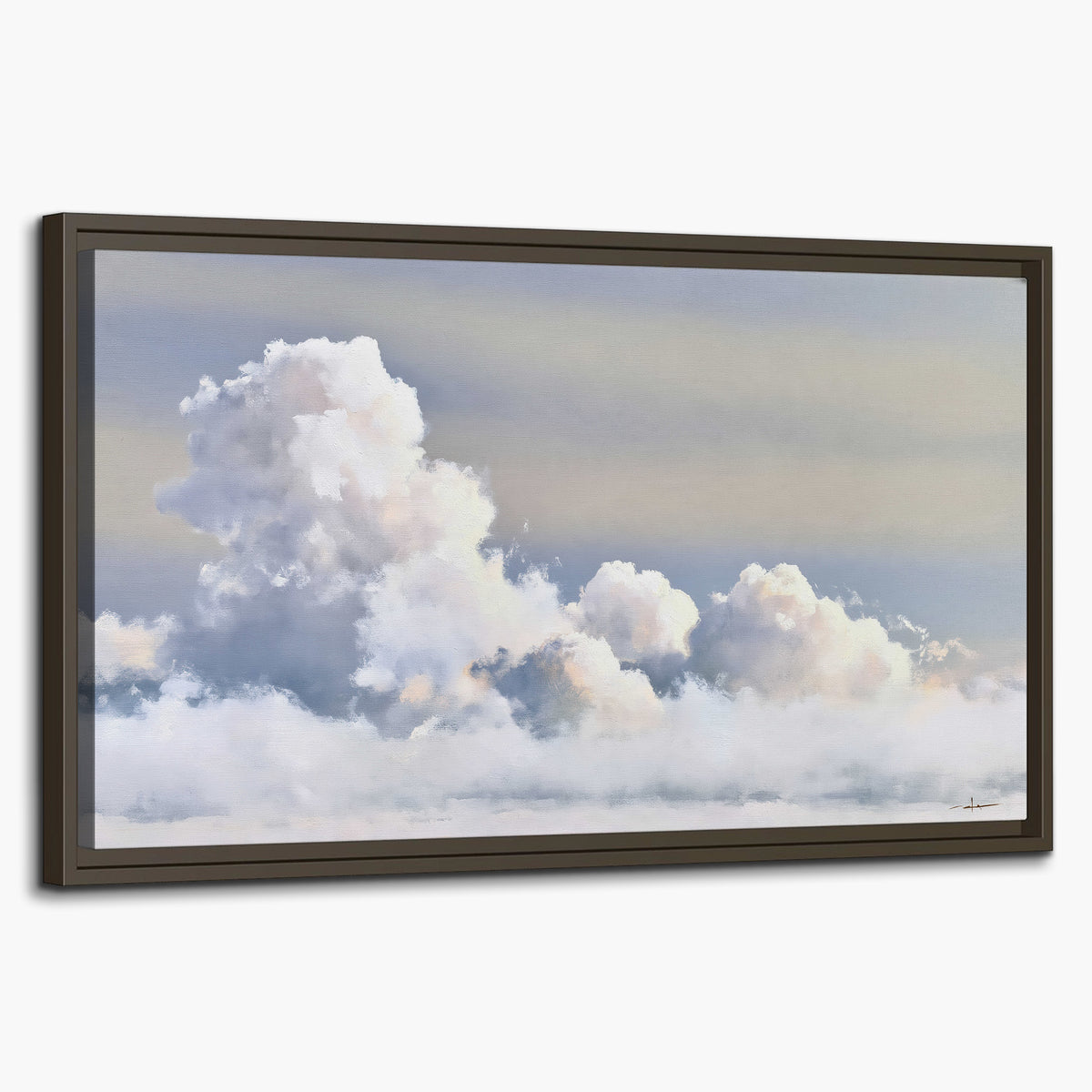 Large white clouds rising through a pale blue sky with gentle warm highlights single framed canvas wall art on a white background