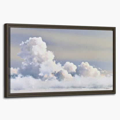 Large white clouds rising through a pale blue sky with gentle warm highlights single framed canvas wall art on a white background