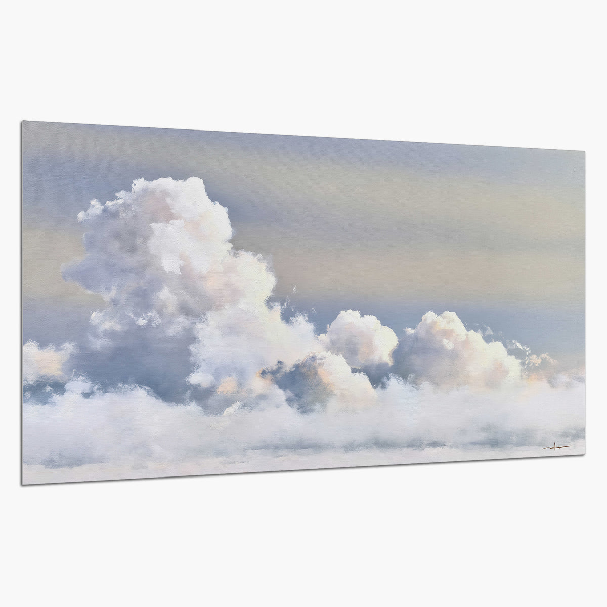 Large white clouds rising through a pale blue sky with gentle warm highlights single poster print on a white background
