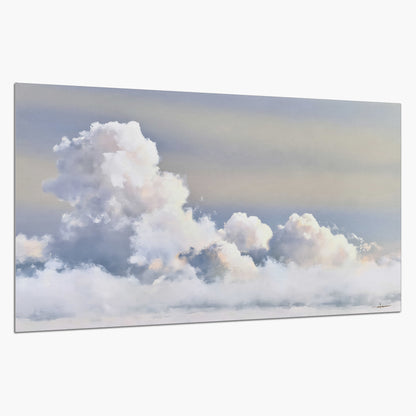 Large white clouds rising through a pale blue sky with gentle warm highlights single poster print on a white background