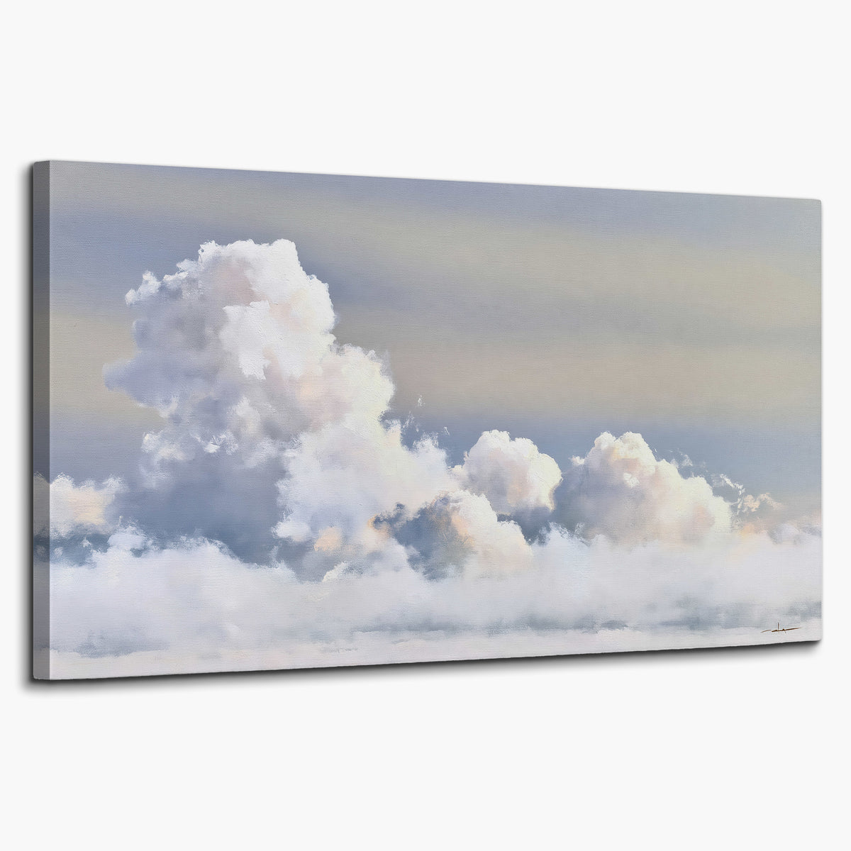 Large white clouds rising through a pale blue sky with gentle warm highlights single canvas wall art on a white background