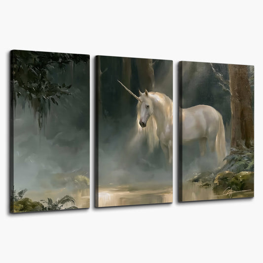 A white unicorn standing near rocks and a quiet stream in a green woodland 3 piece canvas wall art on a white background