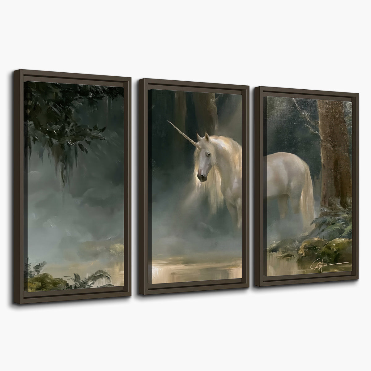 A white unicorn standing near rocks and a quiet stream in a green woodland 3 piece framed canvas wall art on a white background