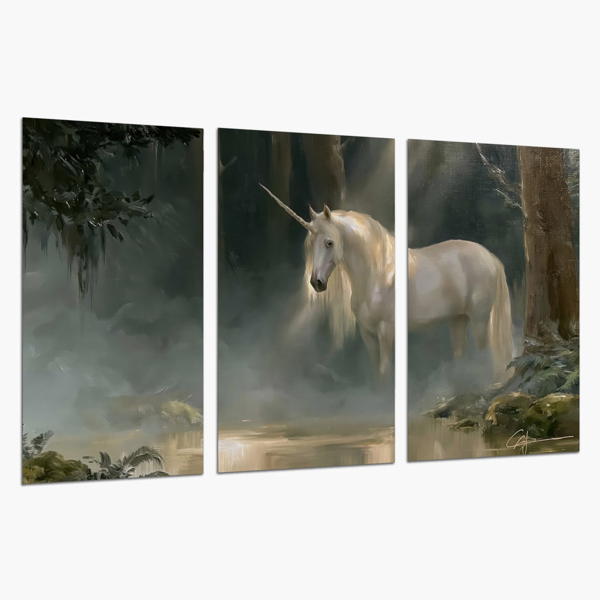 A white unicorn standing near rocks and a quiet stream in a green woodland set of 3 poster prints on a white background
