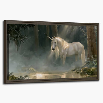 A white unicorn standing near rocks and a quiet stream in a green woodland single framed canvas wall art on a white background