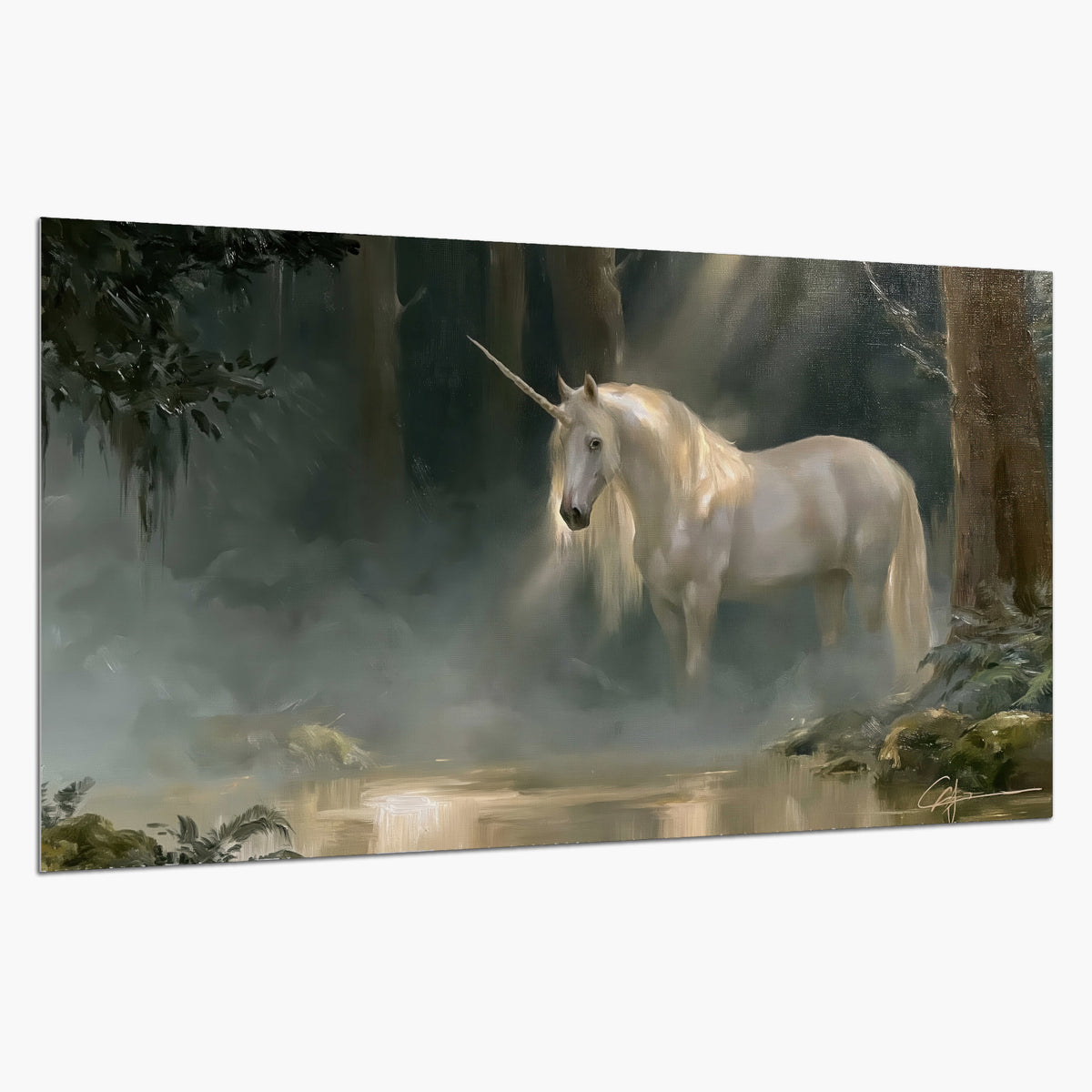 A white unicorn standing near rocks and a quiet stream in a green woodland single poster print on a white background