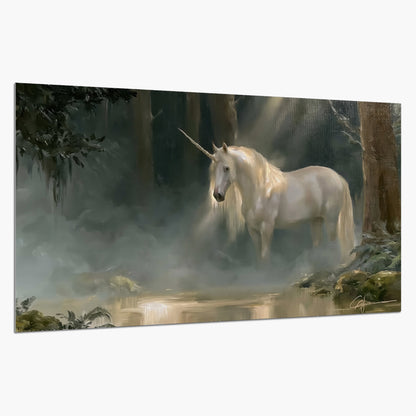 A white unicorn standing near rocks and a quiet stream in a green woodland single poster print on a white background