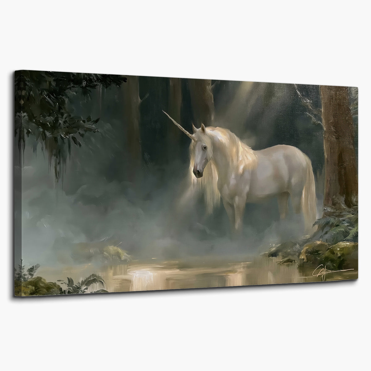 A white unicorn standing near rocks and a quiet stream in a green woodland single canvas wall art on a white background