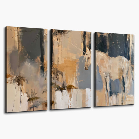 A pale unicorn emerging from loose vertical strokes of blue, ochre and cream 3 piece canvas wall art on a white background