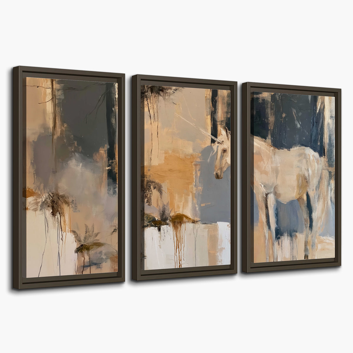 A pale unicorn emerging from loose vertical strokes of blue, ochre and cream 3 piece framed canvas wall art on a white background