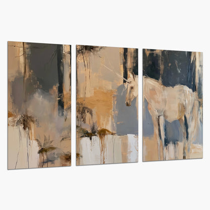 A pale unicorn emerging from loose vertical strokes of blue, ochre and cream set of 3 poster prints on a white background
