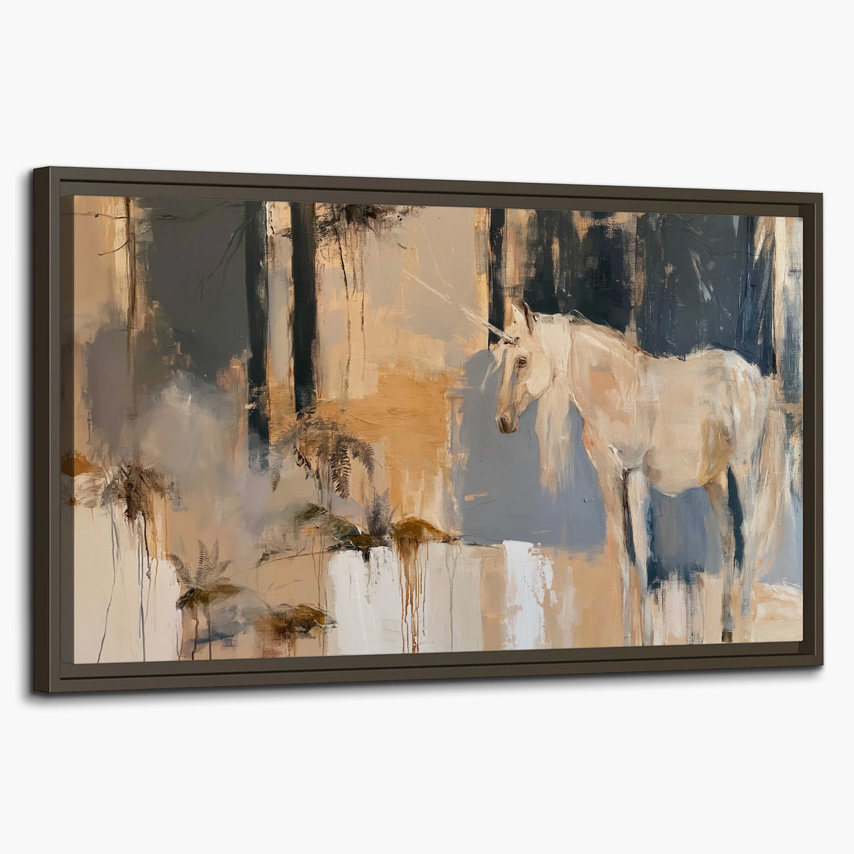 A pale unicorn emerging from loose vertical strokes of blue, ochre and cream single framed canvas wall art on a white background