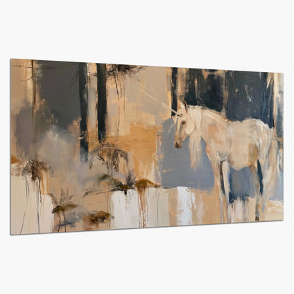A pale unicorn emerging from loose vertical strokes of blue, ochre and cream single poster print on a white background