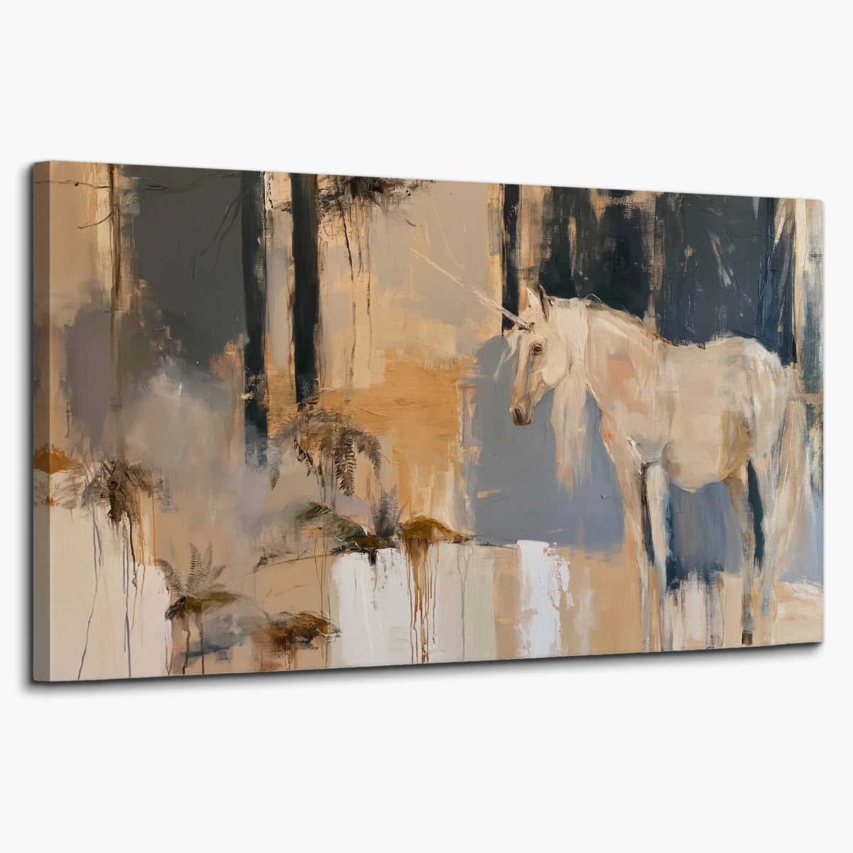 A pale unicorn emerging from loose vertical strokes of blue, ochre and cream single canvas wall art on a white background