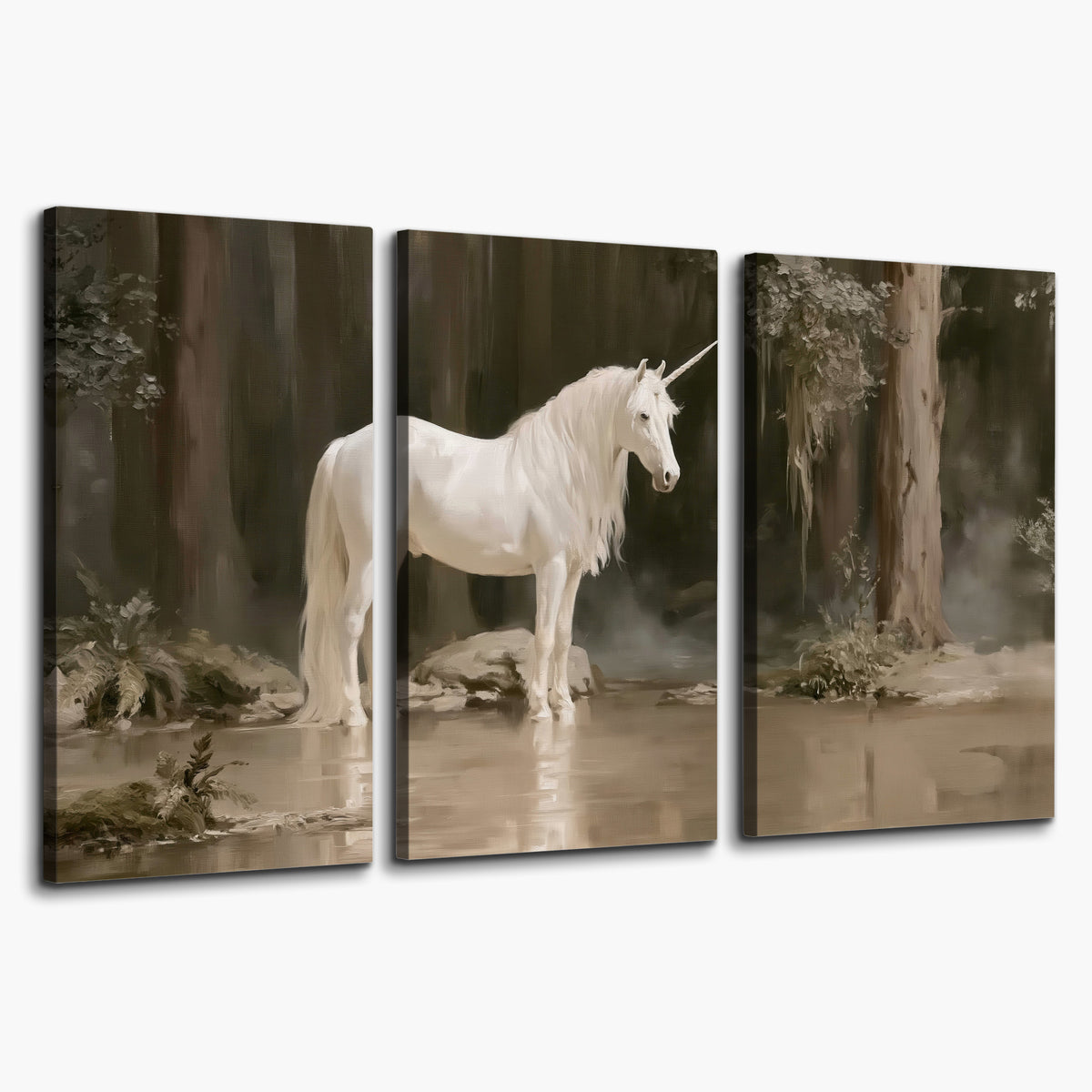 A white unicorn standing beside shallow water beneath tall shadowed trees 3 piece canvas wall art on a white background