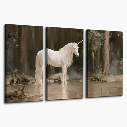 A white unicorn standing beside shallow water beneath tall shadowed trees 3 piece canvas wall art on a white background