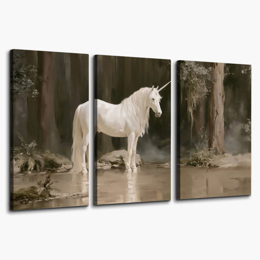 A white unicorn standing beside shallow water beneath tall shadowed trees 3 piece canvas wall art on a white background