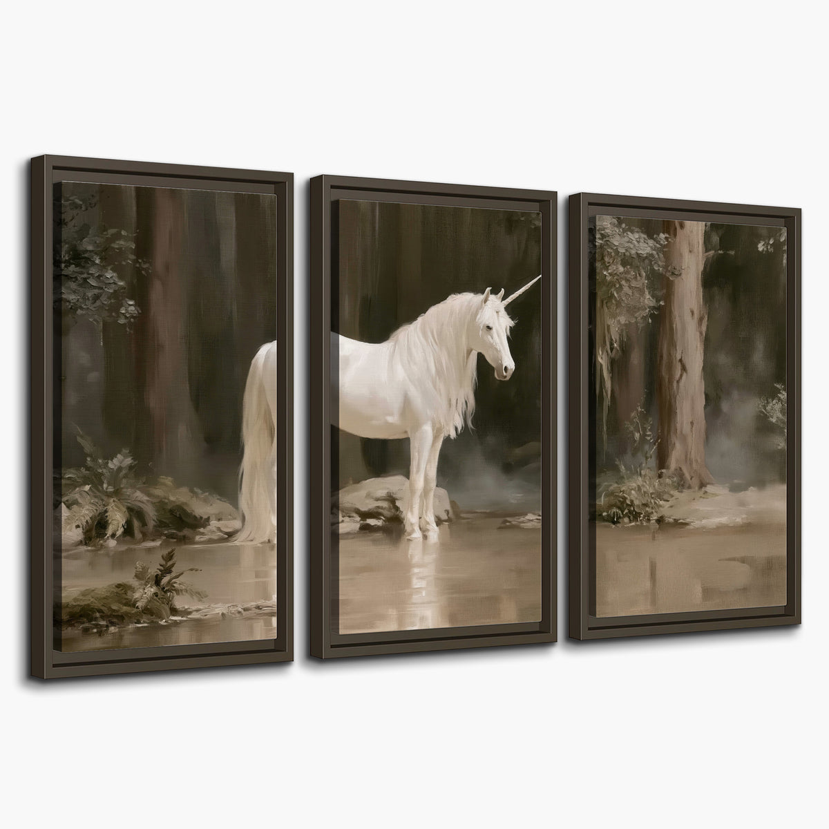 A white unicorn standing beside shallow water beneath tall shadowed trees 3 piece framed canvas wall art on a white background