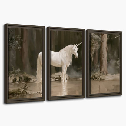 A white unicorn standing beside shallow water beneath tall shadowed trees 3 piece framed canvas wall art on a white background