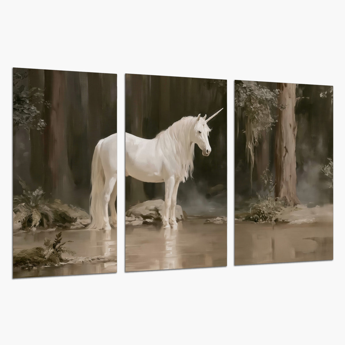 A white unicorn standing beside shallow water beneath tall shadowed trees set of 3 poster prints on a white background