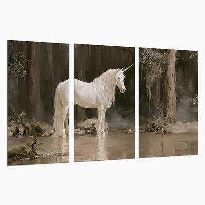 A white unicorn standing beside shallow water beneath tall shadowed trees set of 3 poster prints on a white background