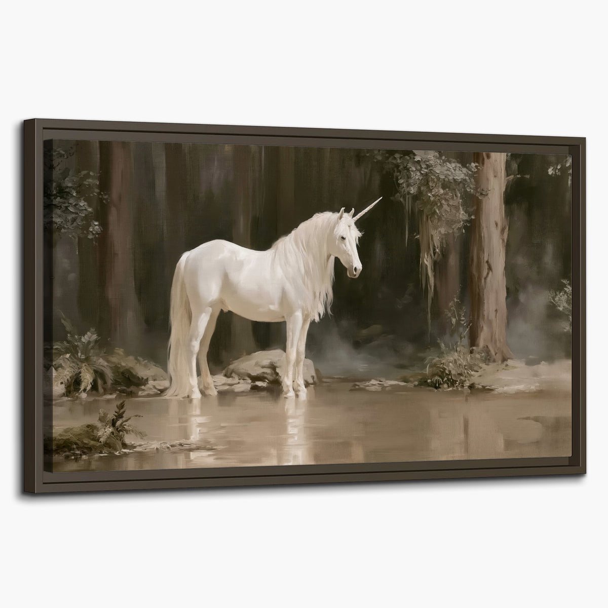 A white unicorn standing beside shallow water beneath tall shadowed trees single framed canvas wall art on a white background