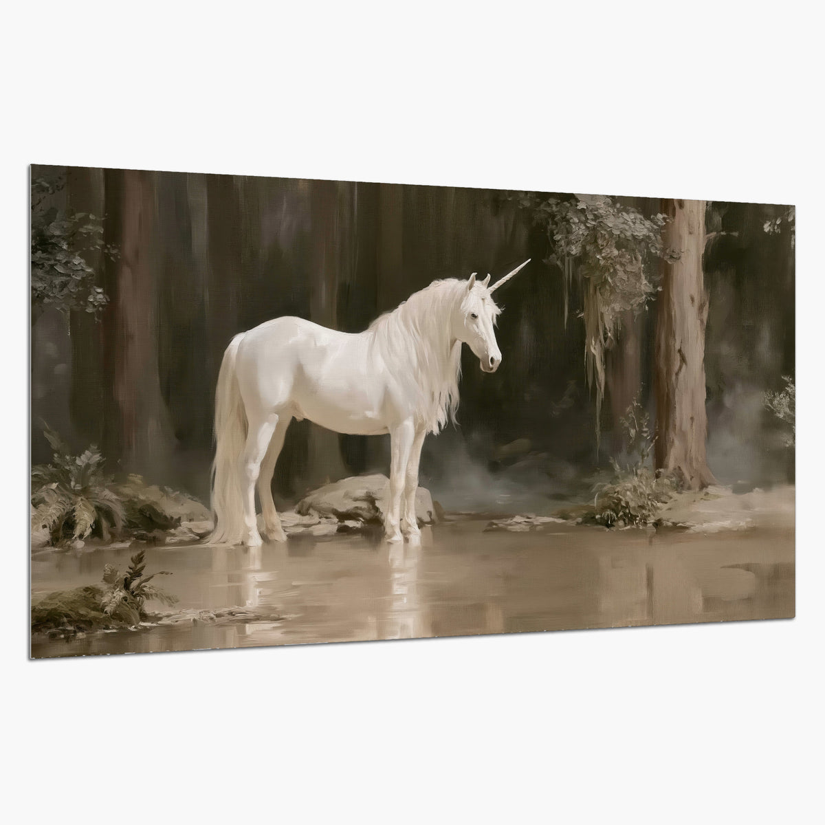 A white unicorn standing beside shallow water beneath tall shadowed trees single poster print on a white background