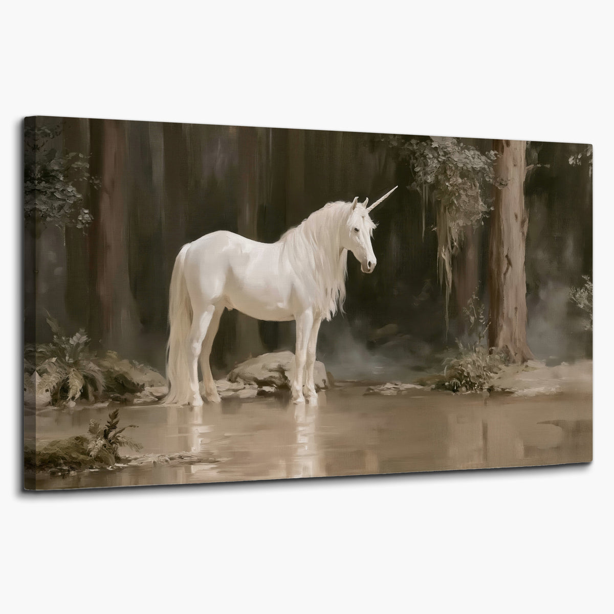 A white unicorn standing beside shallow water beneath tall shadowed trees single canvas wall art on a white background