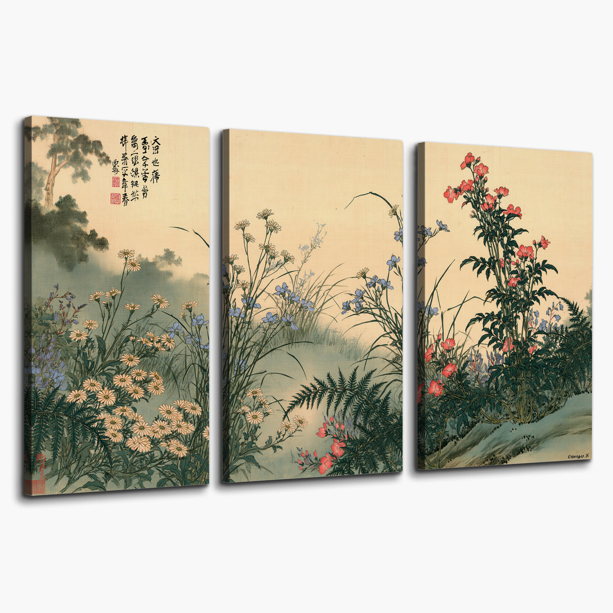 Delicate wildflowers and ferns arranged on a warm neutral ground with decorative script 3 piece canvas wall art on a white background