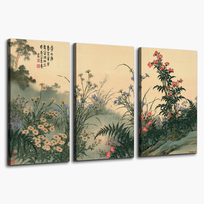 Delicate wildflowers and ferns arranged on a warm neutral ground with decorative script 3 piece canvas wall art on a white background