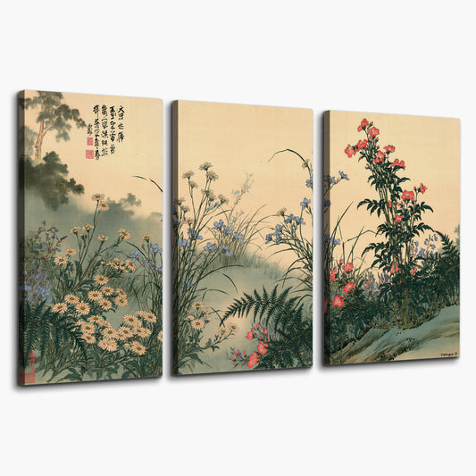 Delicate wildflowers and ferns arranged on a warm neutral ground with decorative script 3 piece canvas wall art on a white background