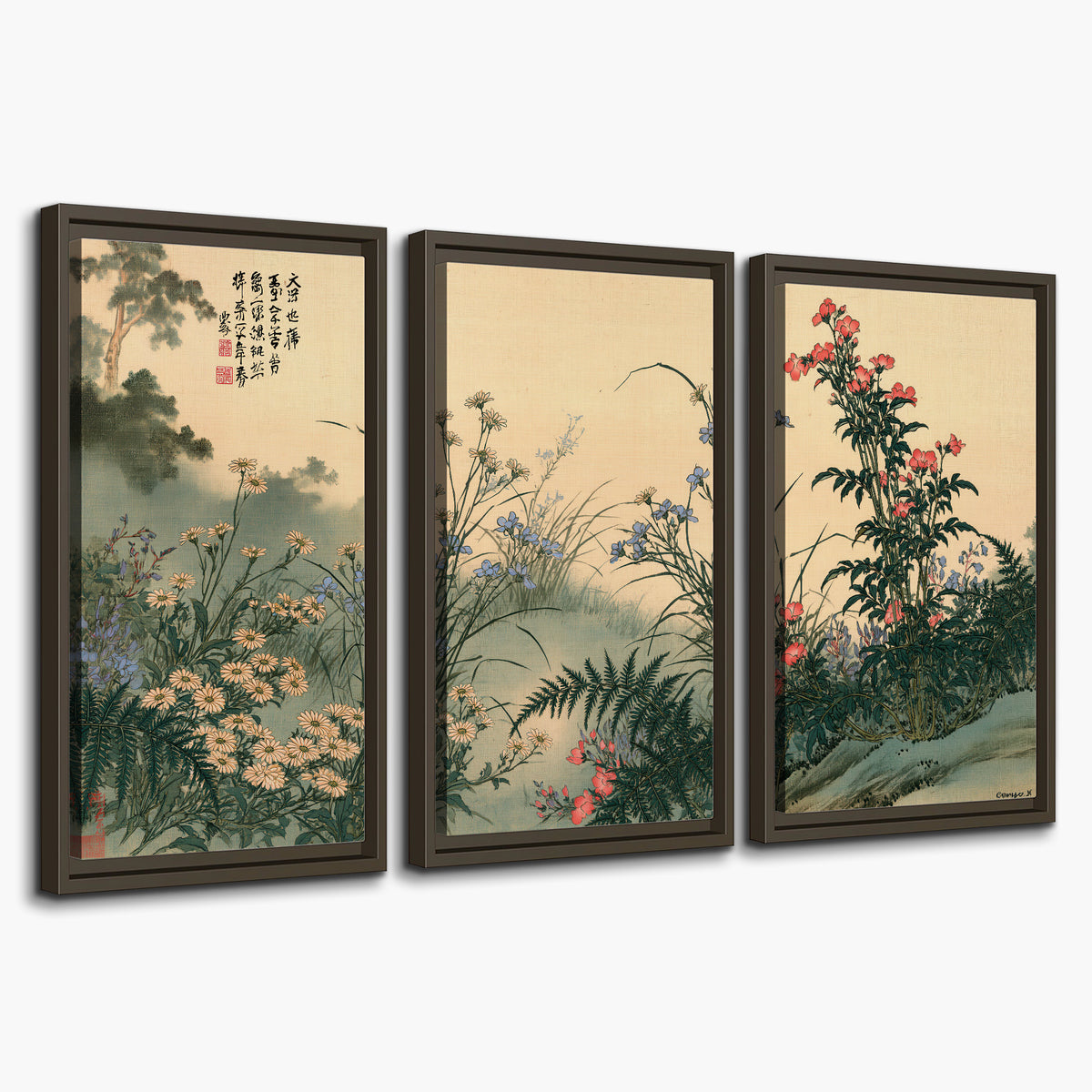 Delicate wildflowers and ferns arranged on a warm neutral ground with decorative script 3 piece framed canvas wall art on a white background