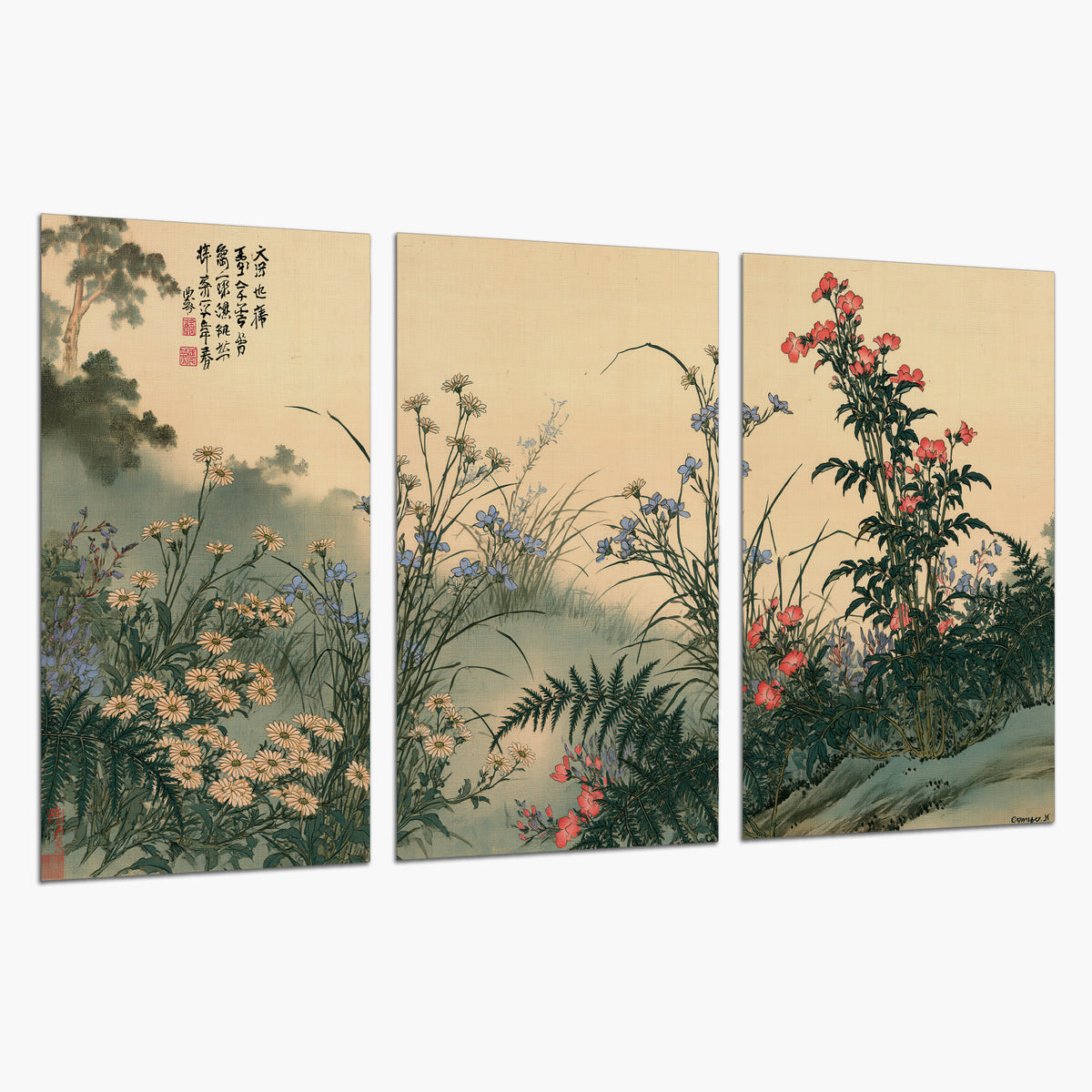 Delicate wildflowers and ferns arranged on a warm neutral ground with decorative script set of 3 poster prints on a white background