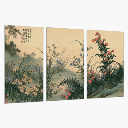 Delicate wildflowers and ferns arranged on a warm neutral ground with decorative script set of 3 poster prints on a white background