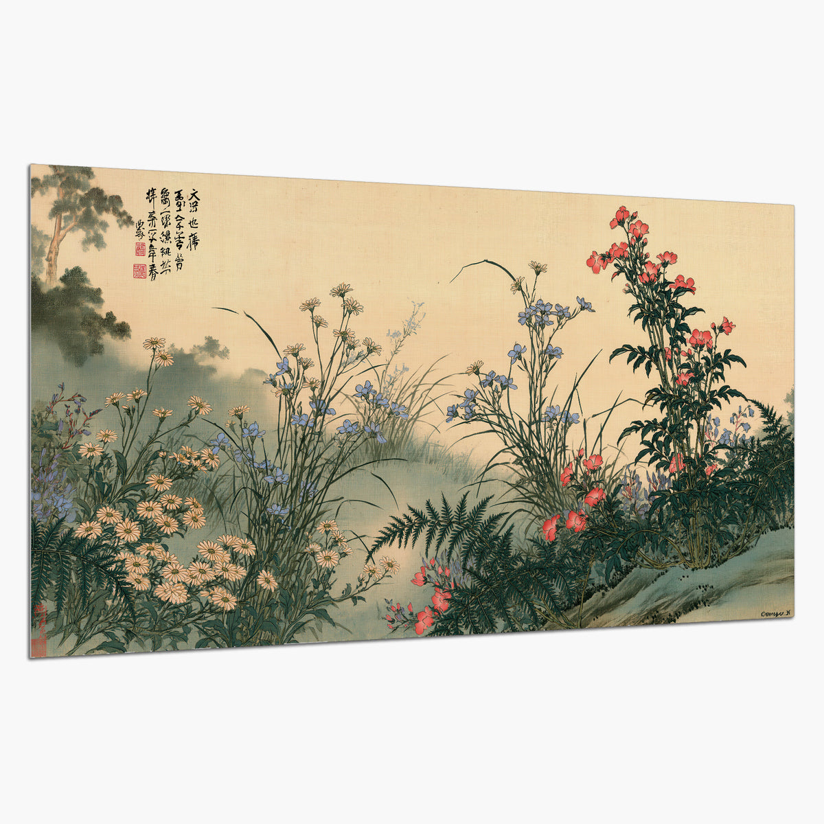Delicate wildflowers and ferns arranged on a warm neutral ground with decorative script single poster print on a white background