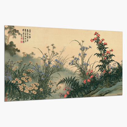 Delicate wildflowers and ferns arranged on a warm neutral ground with decorative script single poster print on a white background
