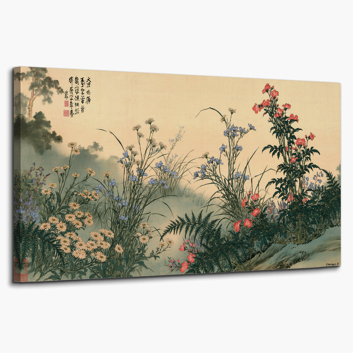 Delicate wildflowers and ferns arranged on a warm neutral ground with decorative script single canvas wall art on a white background