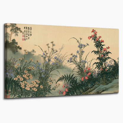Delicate wildflowers and ferns arranged on a warm neutral ground with decorative script single canvas wall art on a white background