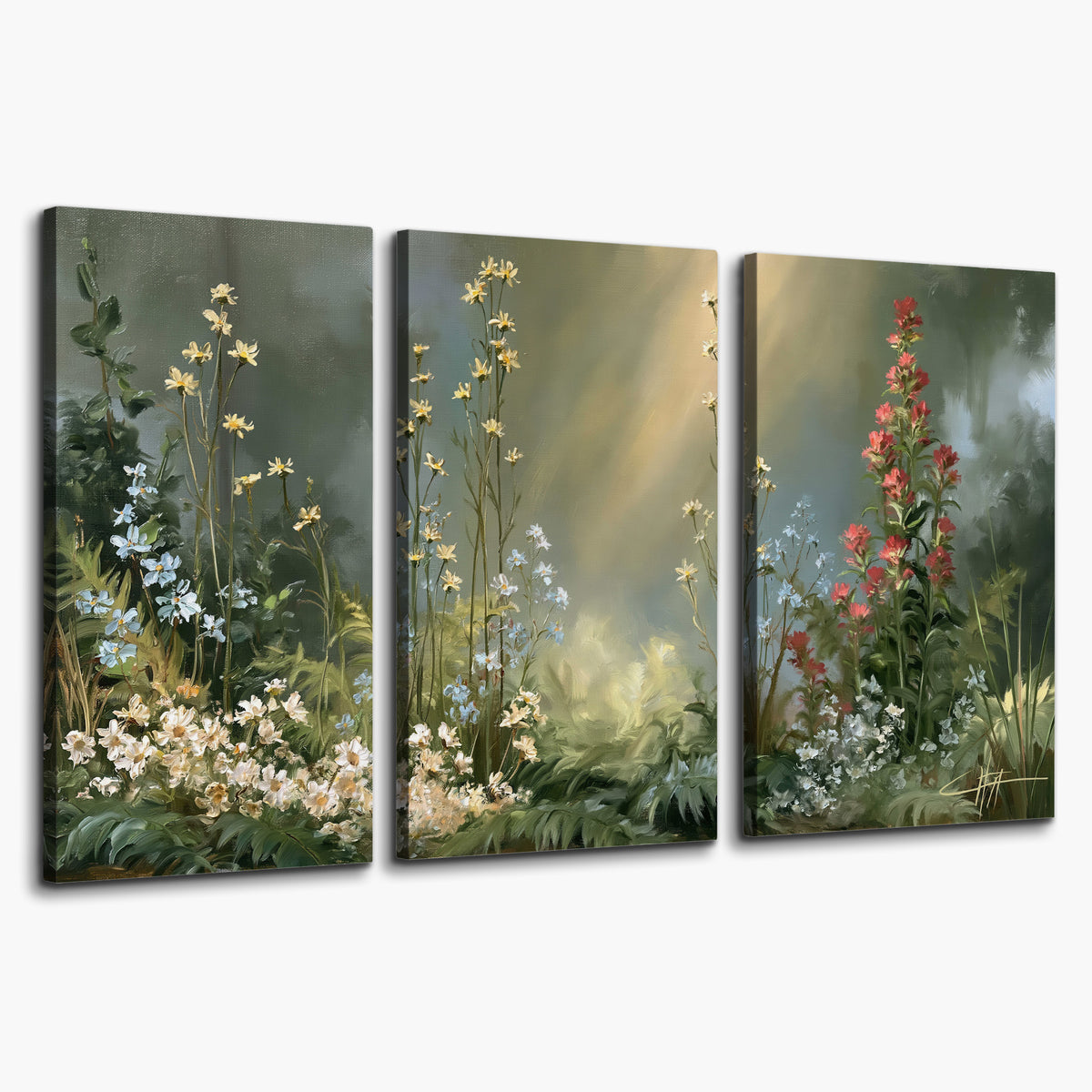 White and red woodland flowers rising in a softly lit green forest clearing 3 piece canvas wall art on a white background